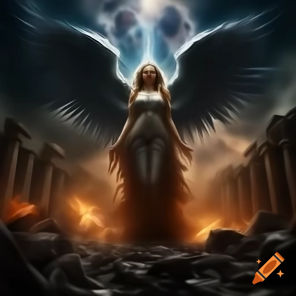 Dream War aftermath with ruins, smoke, and mythological creatures