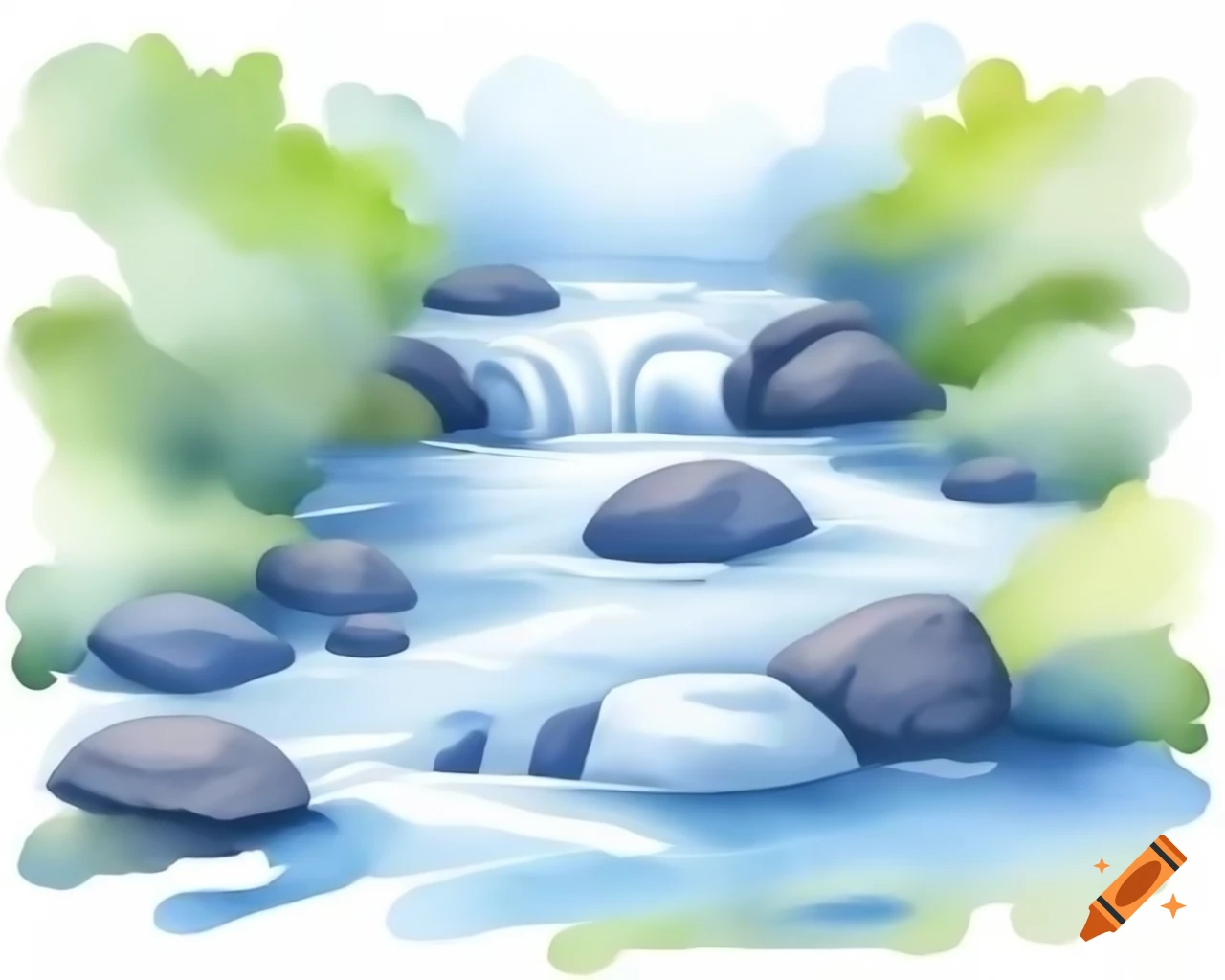 Cartoon-style watercolor creek in blue green and sandstone shades