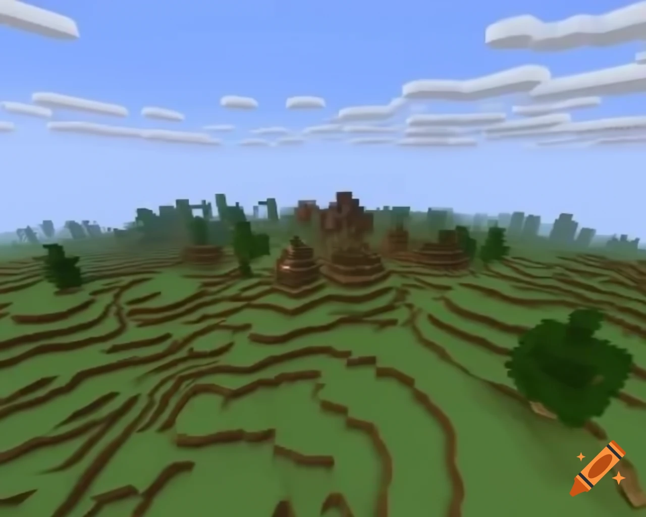 Realistic Minecraft landscape featuring a village, mesa, plain, and cloudy sky