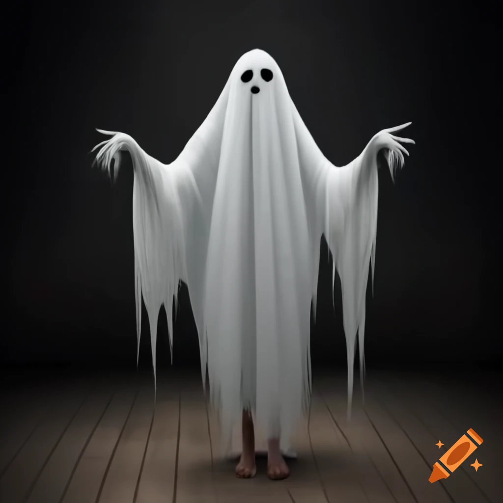 Woman in spooky ghost costume with visible hands and feet