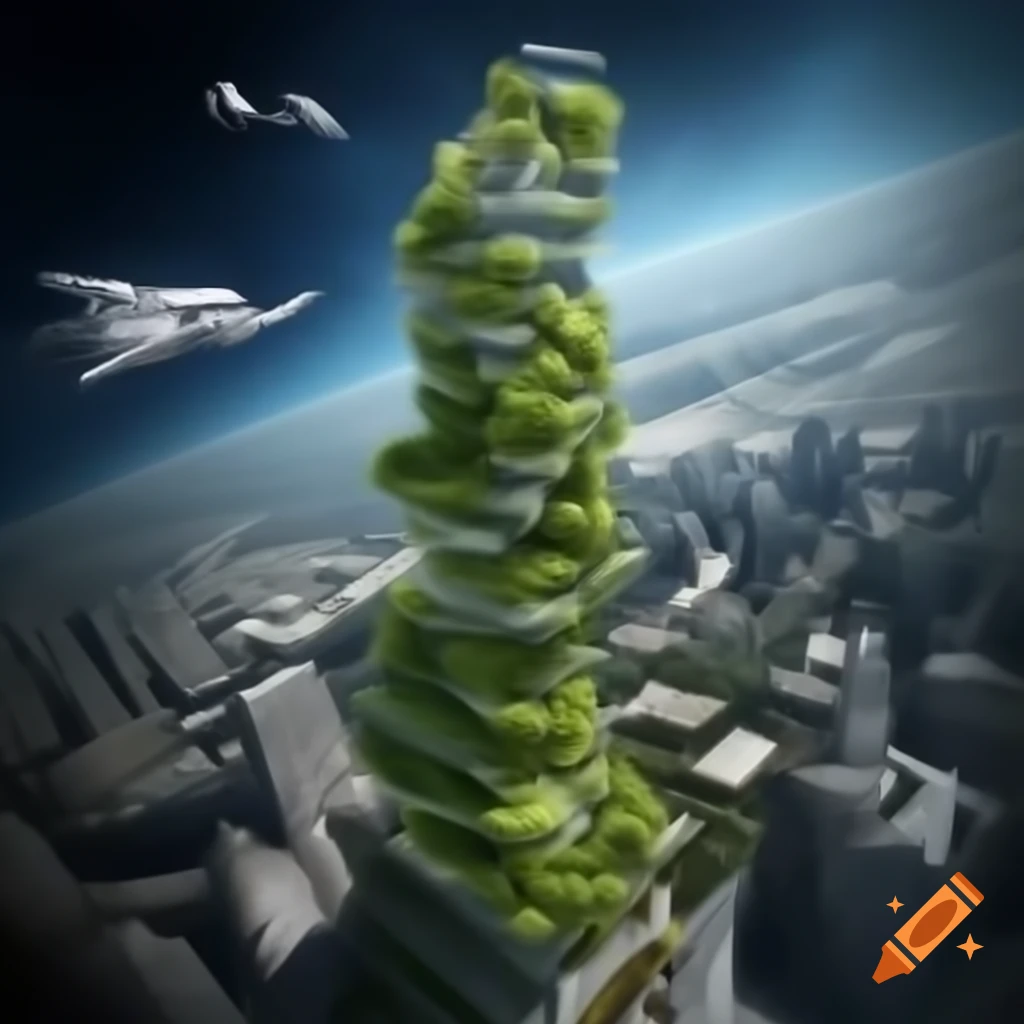Futuristic green skyscraper reaching into space with flying spaceships