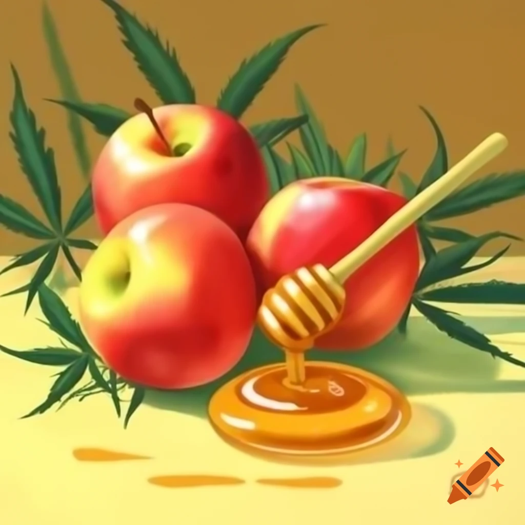 Impressionist painting of apples, honey, and marijuana leaves
