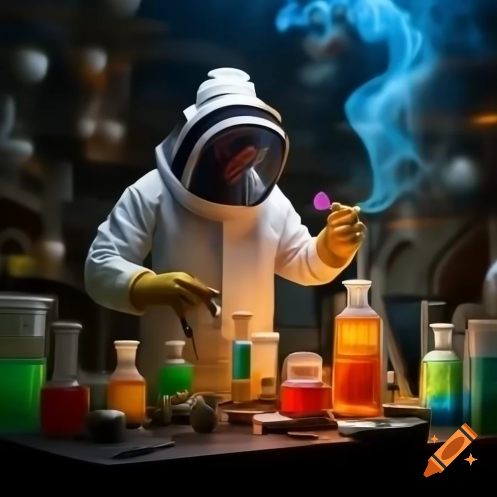 Realistic scientist in lab coat mixing beakers with colorful liquids and neon smoke