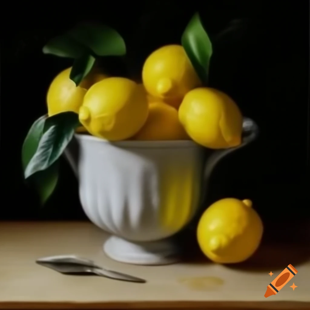 Still life painting featuring lemons