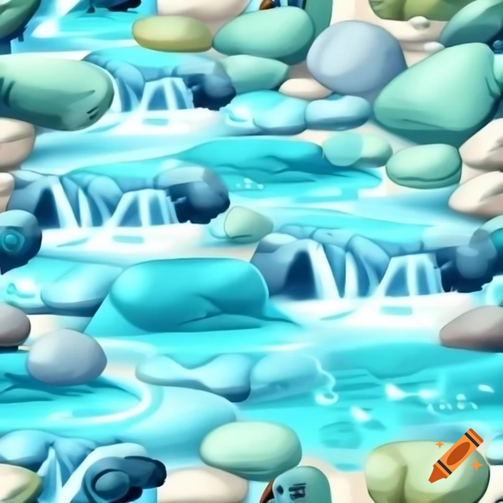 Bubbling brook over pebbles in aqua blue green and sandstone, cartoon style