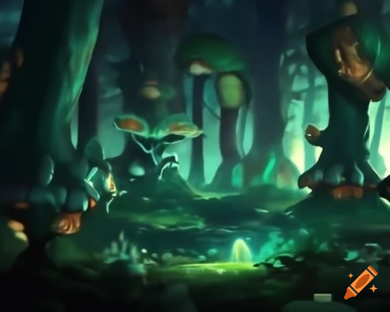 Surreal biopunk forest with glowing bioluminescent trees merging nature and technology
