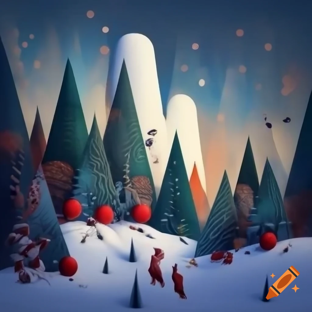 Panorama illustration of Christmas forest scene blending Salish and Russian fairytale motifs