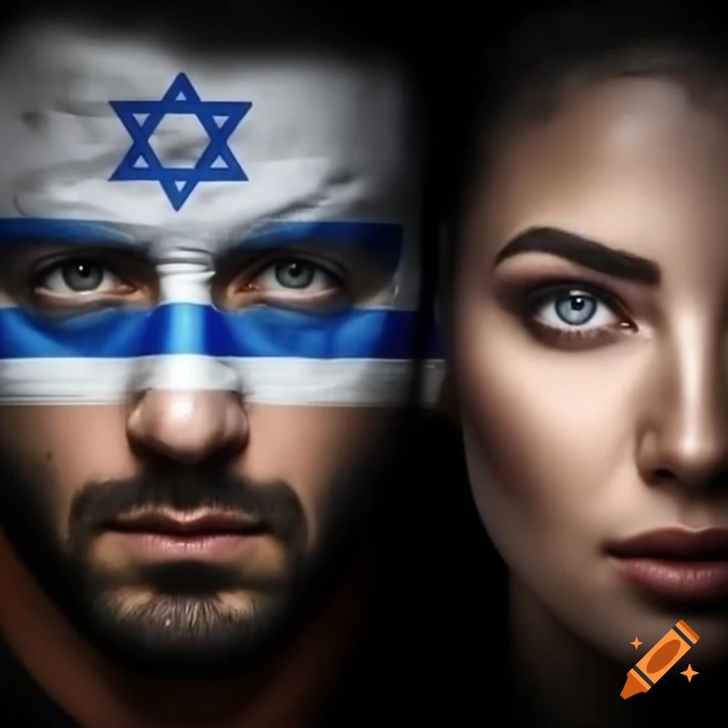 Man and woman with Israeli flag makeup in fierce gaze, Tel Aviv landscape