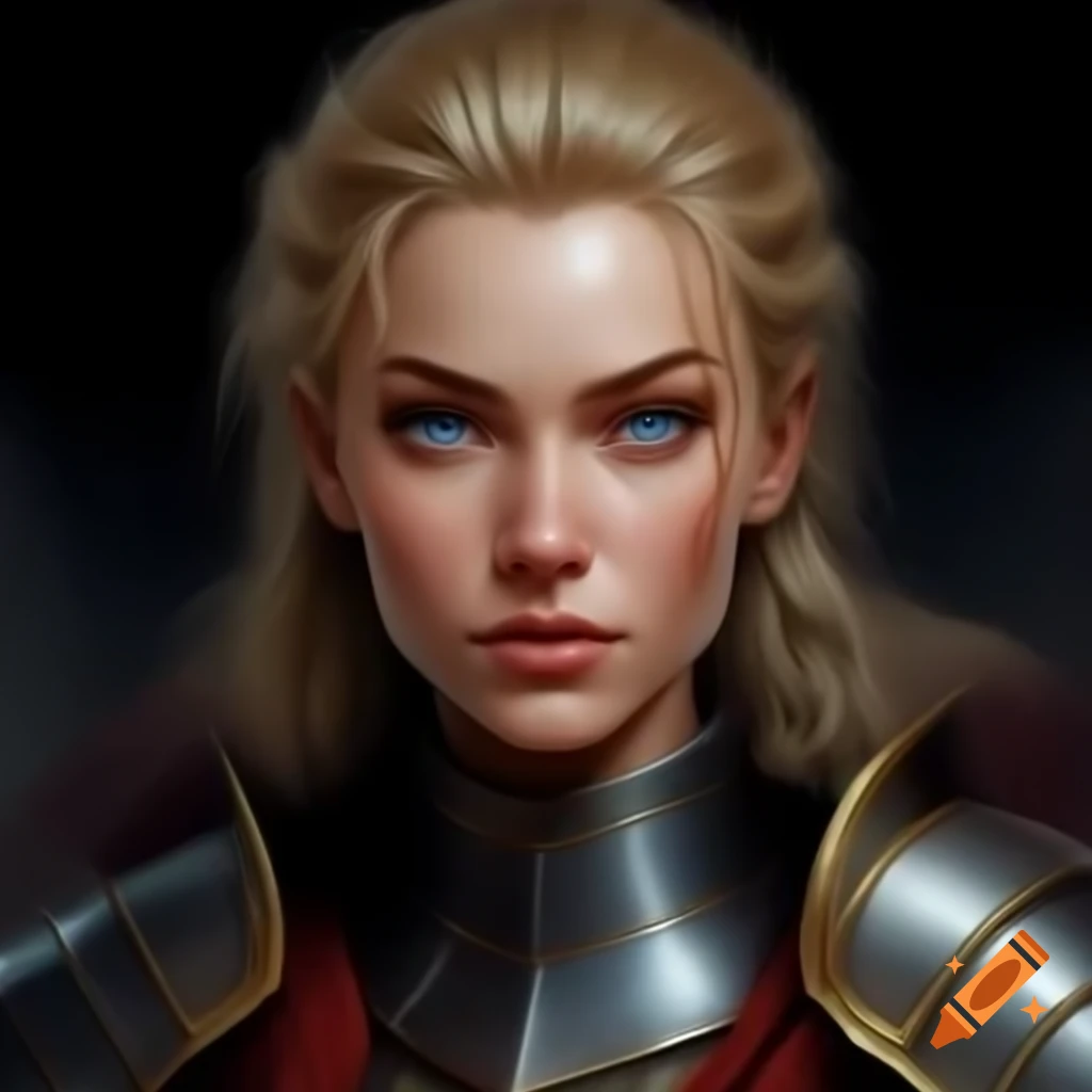 White Haired Female Knight In Plate Armor With Scales On Chest Plate 