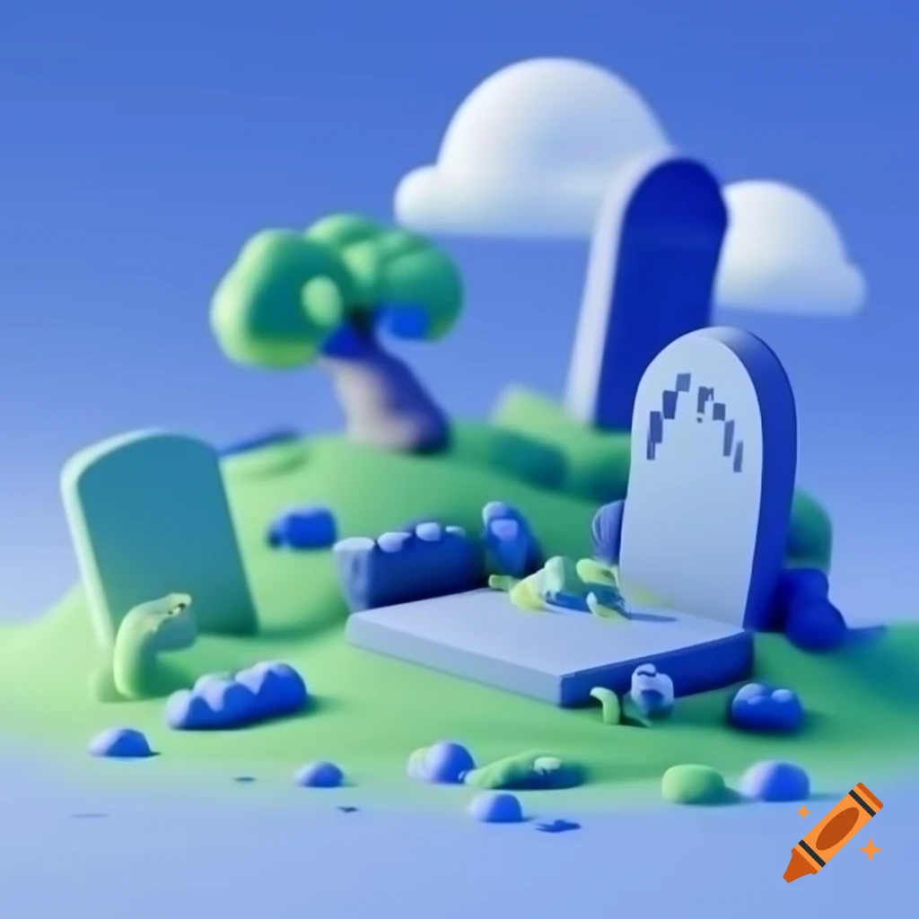 3D composition of a graveyard with bluish dust illustration in casual art style