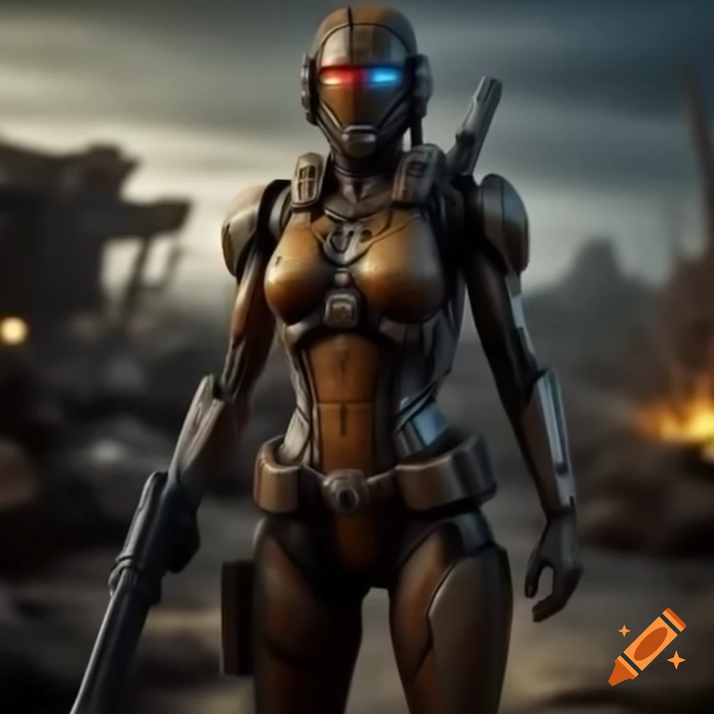 Cyborg warrior in full-body armor with laser rifle in post-apocalyptic wasteland