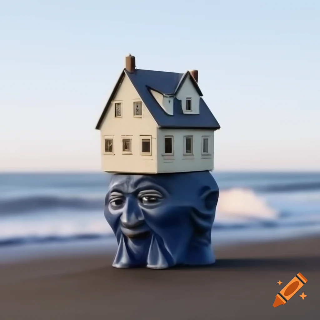 Unique ceramic sculpture of a home in a seascape during morning