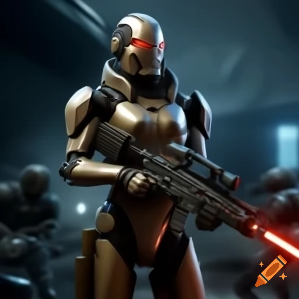 Cyborg warrior in armor with laser rifle in futuristic battlefield
