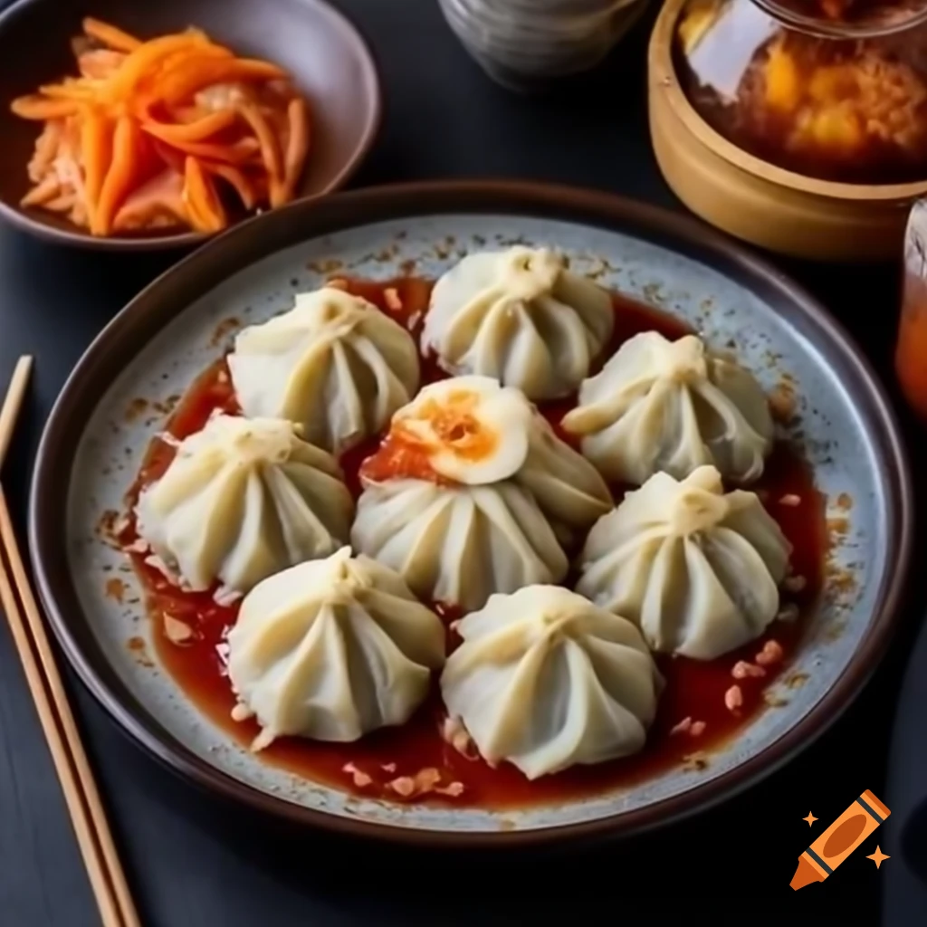 Steamed dumplings filled with pork and kimchi with soy-ginger sauce and pickled vegetables
