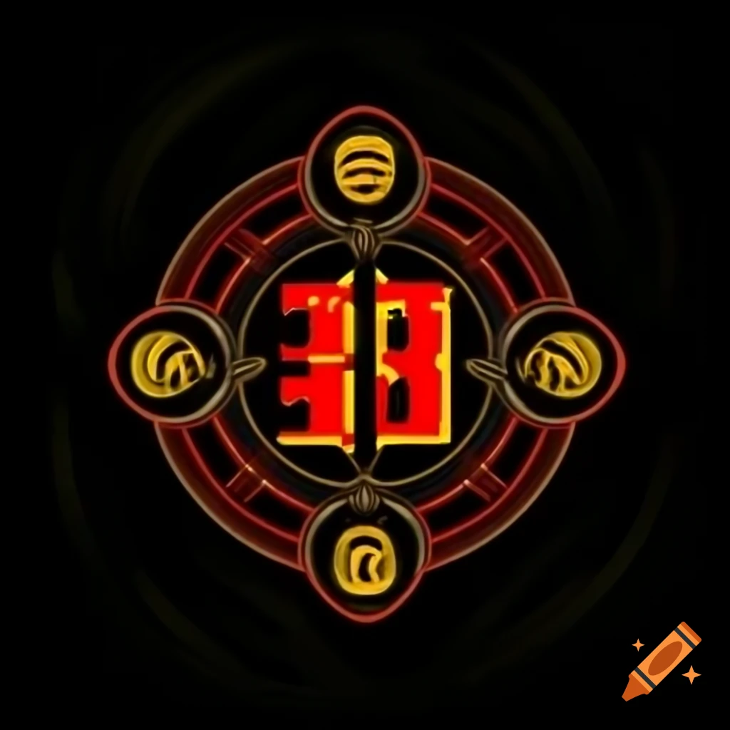 Mystic talisman logo with number 33 and ancient symbols in red, yellow, and black