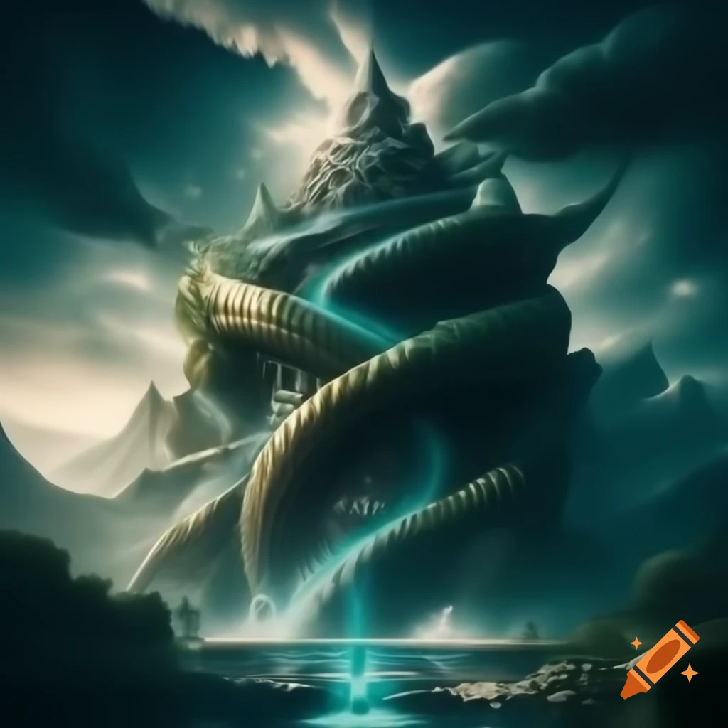 Spiraling mountain with colossal stone serpent and cascading waterfalls