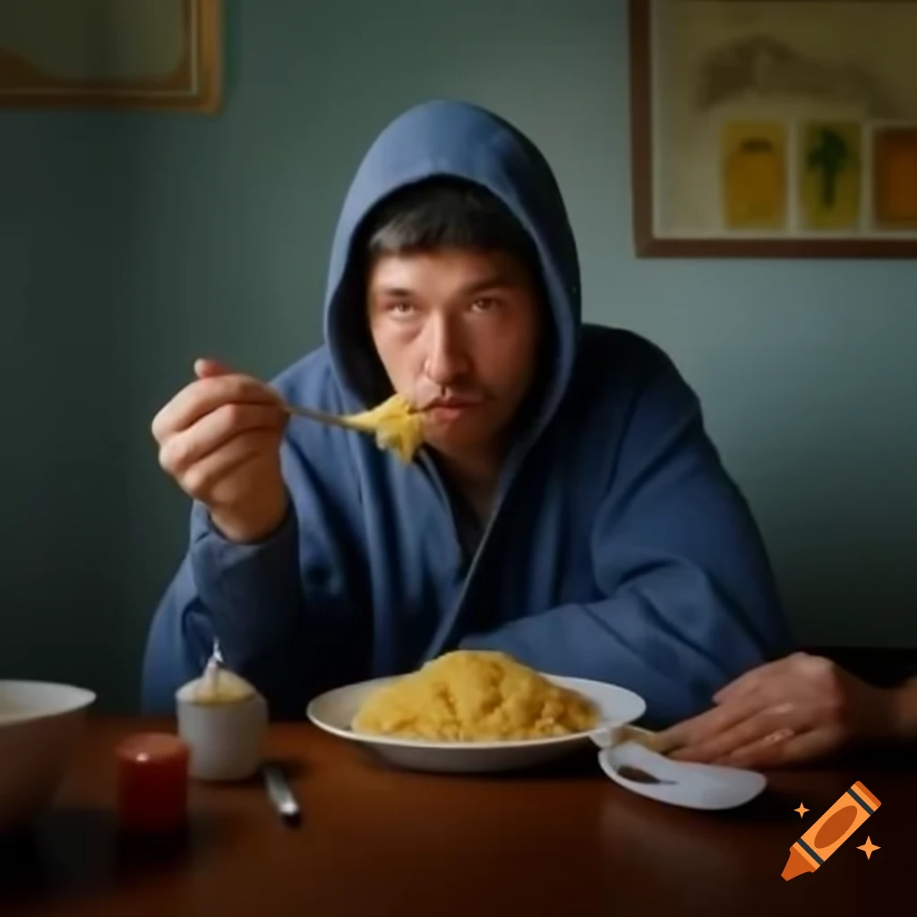Homeless man sitting at table enjoying a plate of pasta