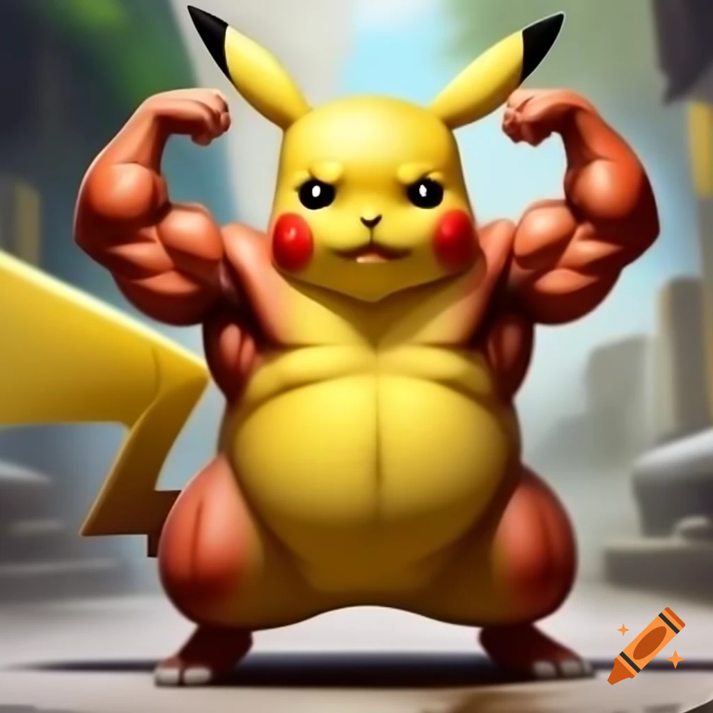 Muscular Pikachu flexing in full-length portrait, furry art style