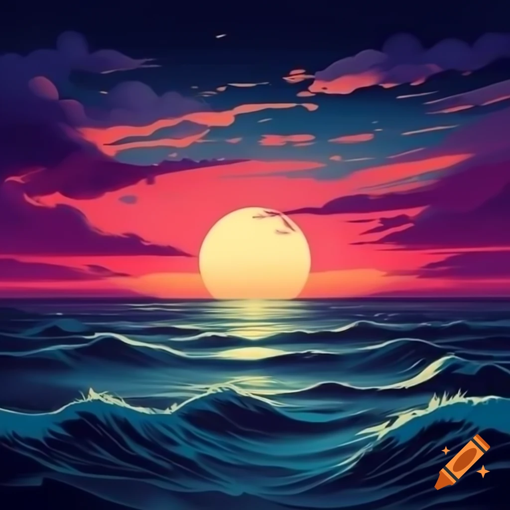 Colorful graphic of sunset and stars over the sea