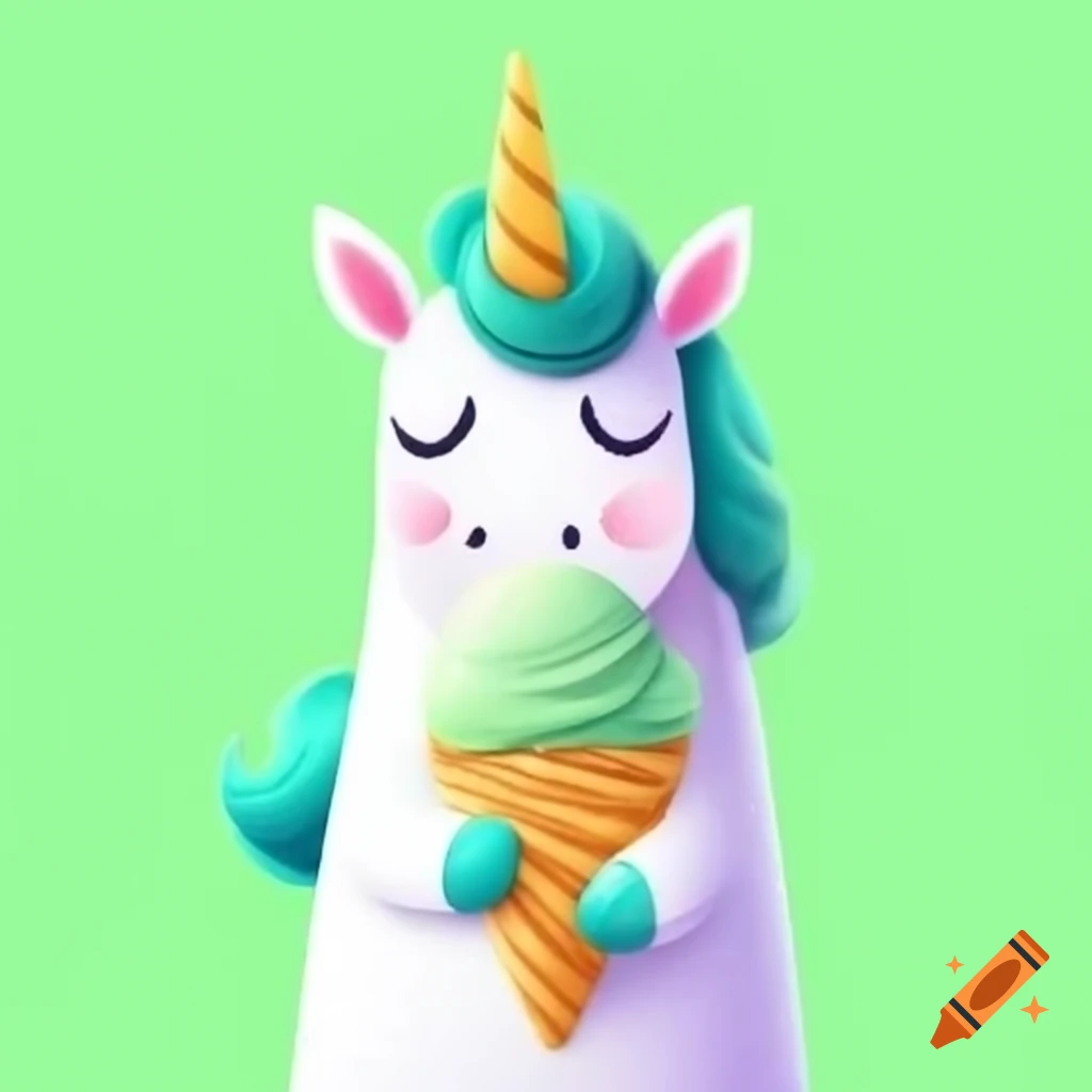 Cute green unicorn enjoying mint ice cream