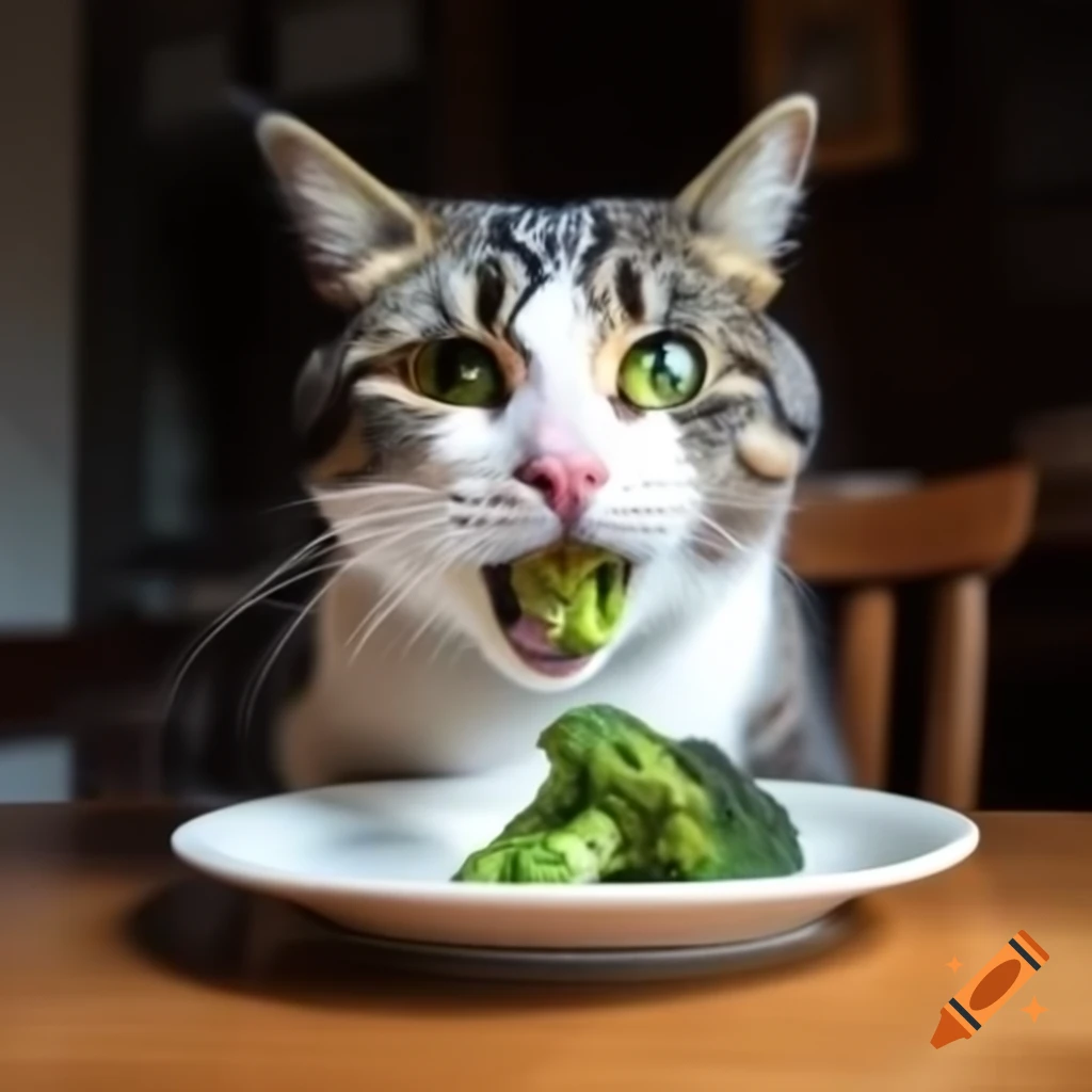 Cat eating broccoli