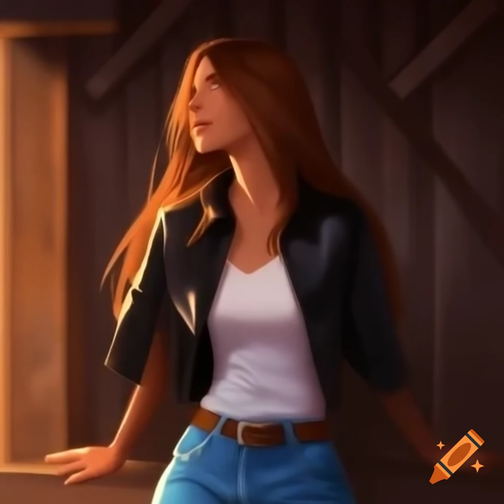 Hyperrealistic portrait of a woman in casual outfit looking through barn door