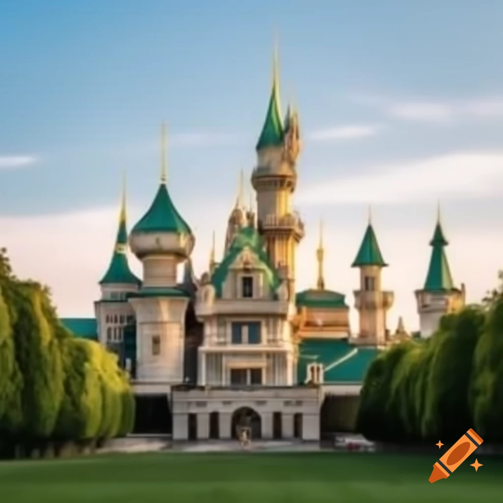 Palace with tall towers illuminated by golden light, surrounded by green maple trees