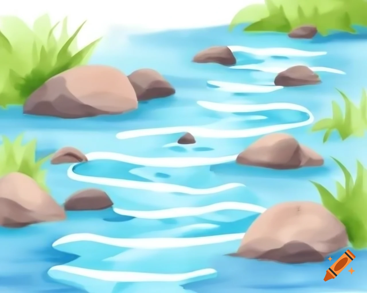 Rapidly flowing creek in watercolor hues of aqua blue and green, cartoon style