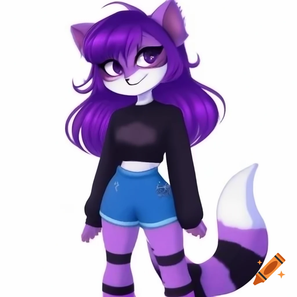 Cute anthropomorphic raccoon girl in stylish outfit with unique hairstyle