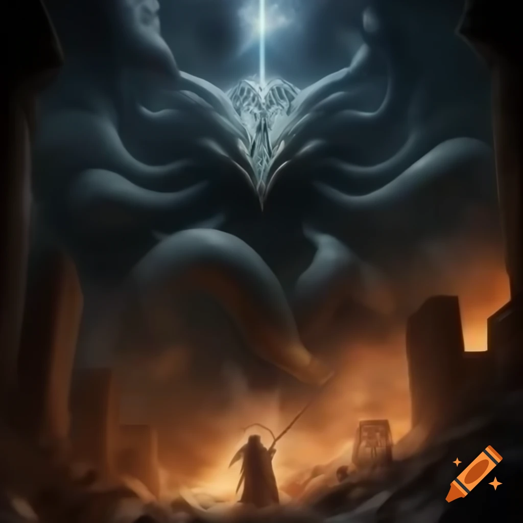 Dream War aftermath with ruins, smoke, and mythological creatures