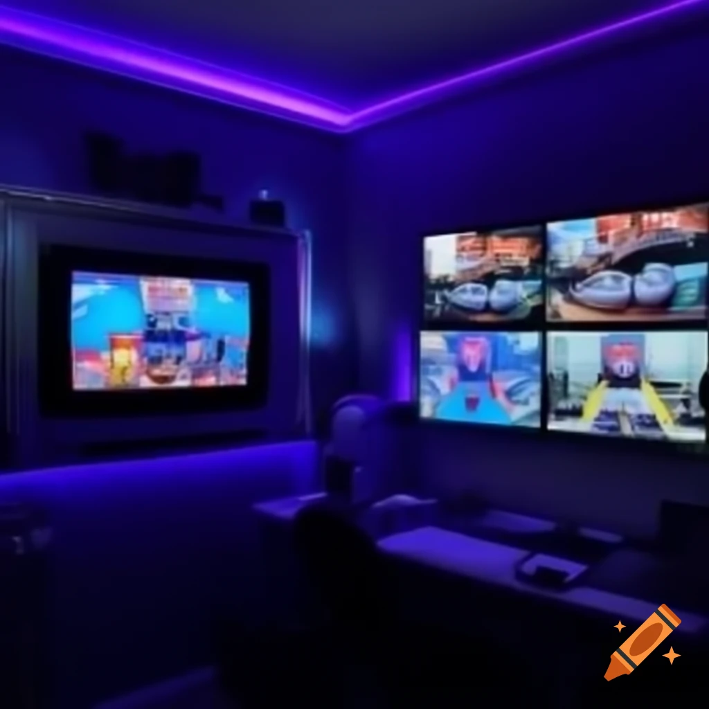 Game room featuring central TV with smaller TVs and desk, decorated in blue and purple