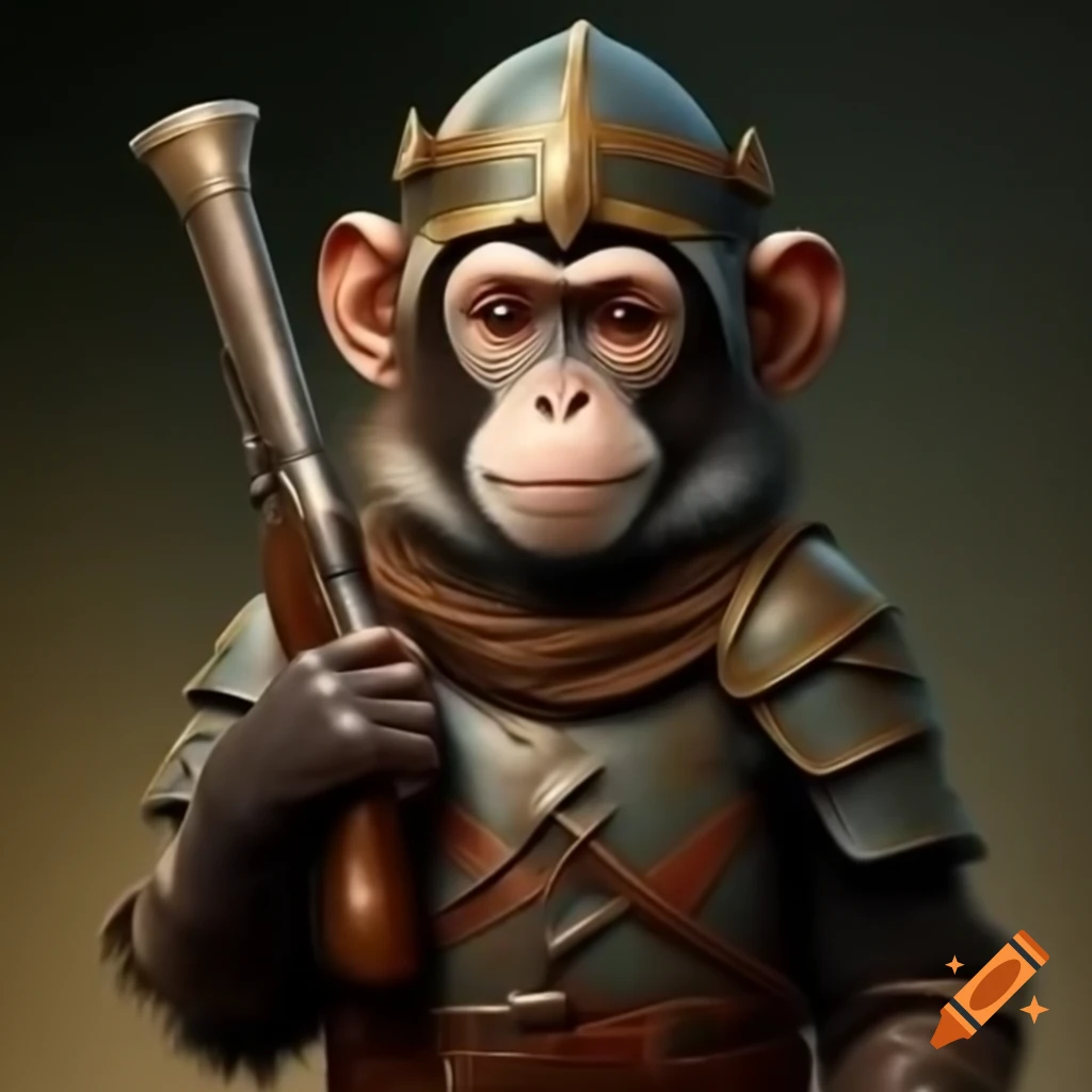 Adorable monkey in medieval armor holding flintlock pistol
