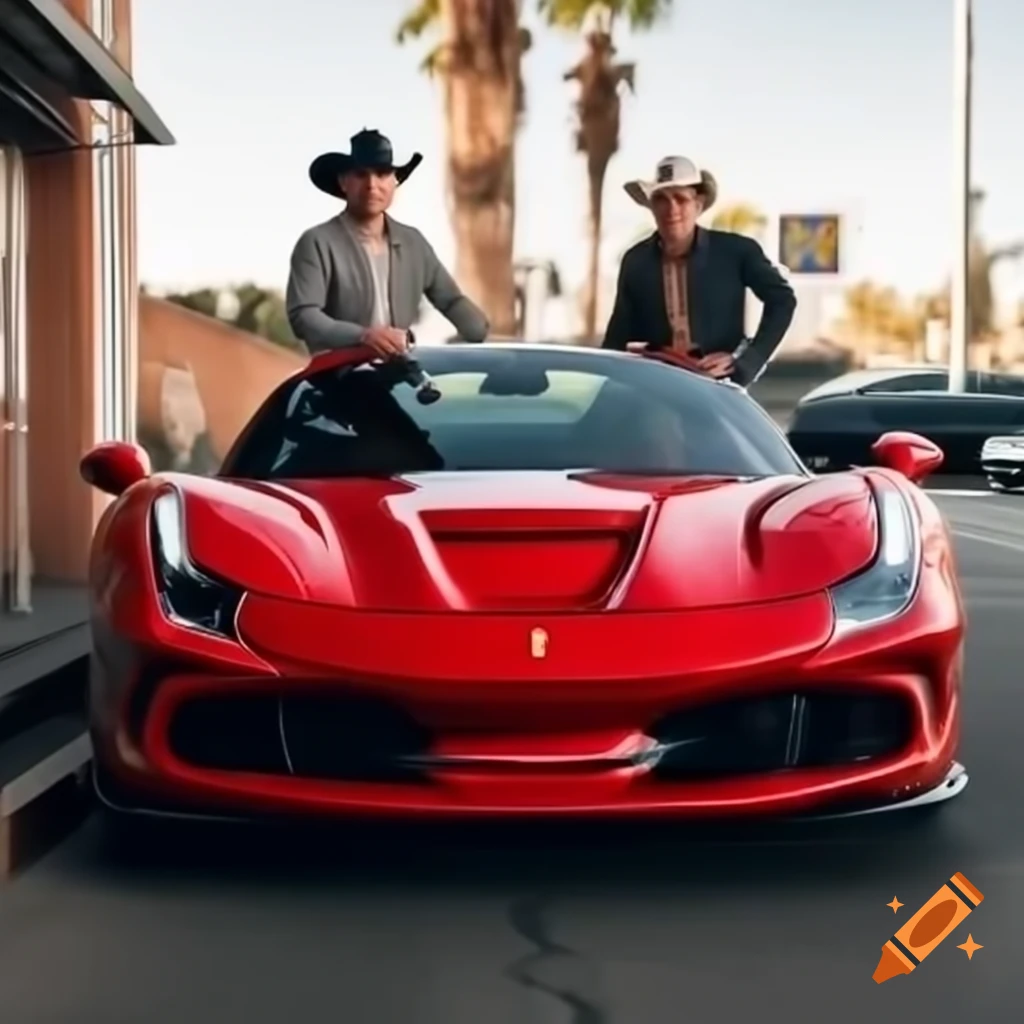 Red Ferrari parked on Rodeo Drive with two men taking pictures