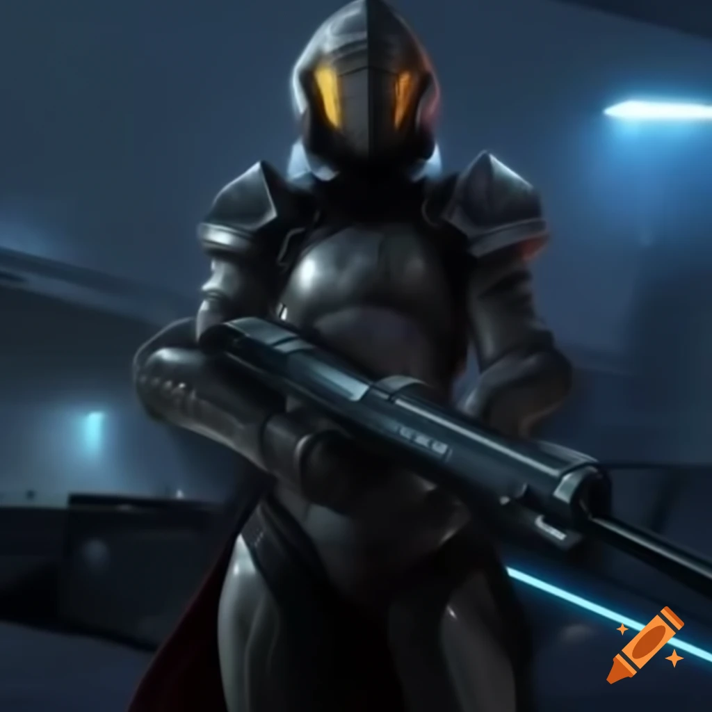 Warrior in armor holding laser rifle in futuristic battlefield