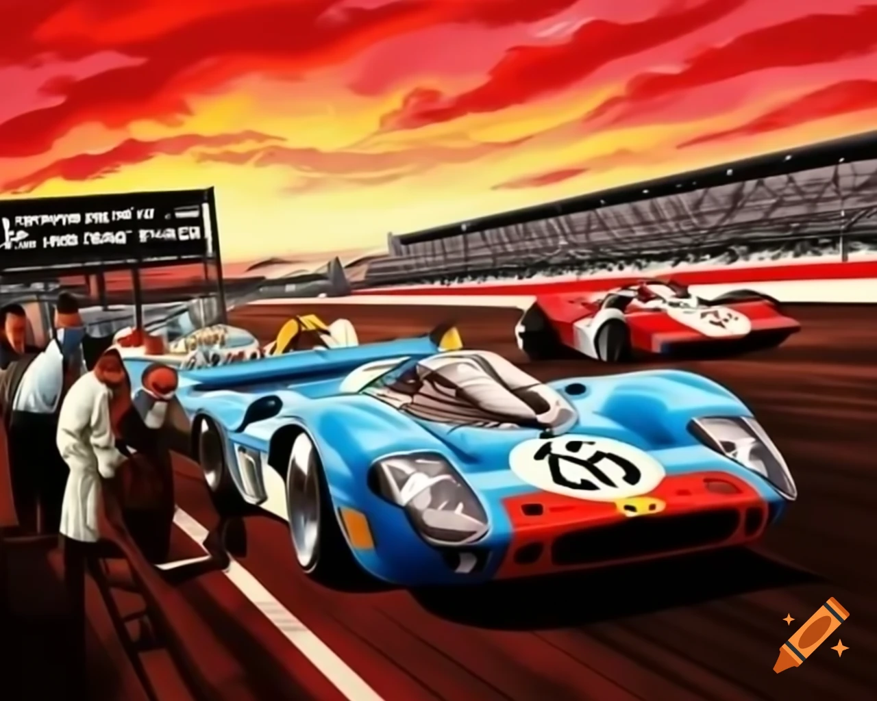 Vintage Indy Grand Prix Porsche 917 and Ford GT40 racing with spectators and red dust clouds