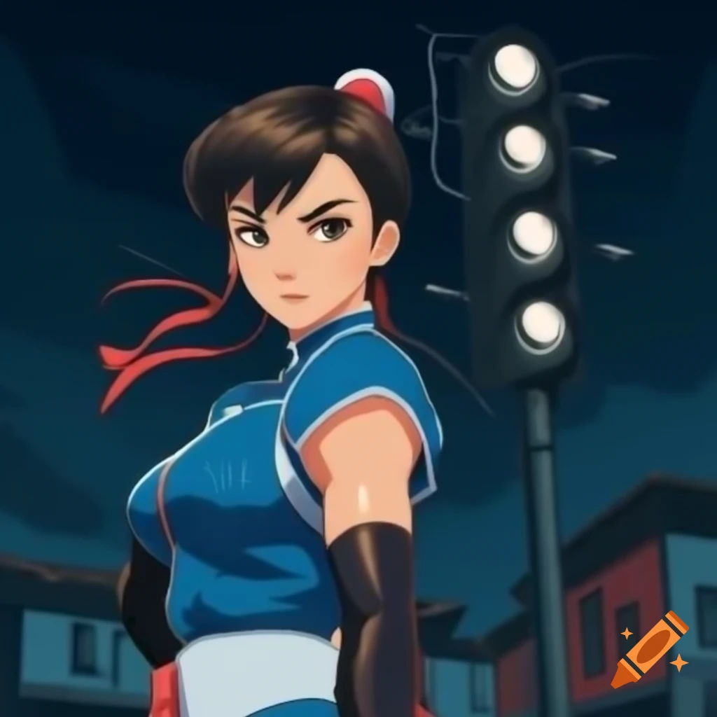Anime-style Chun-li from Street Fighter in front of floodlight