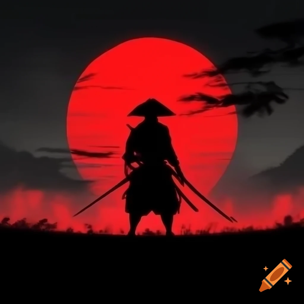 Silhouette of samurai against red sun