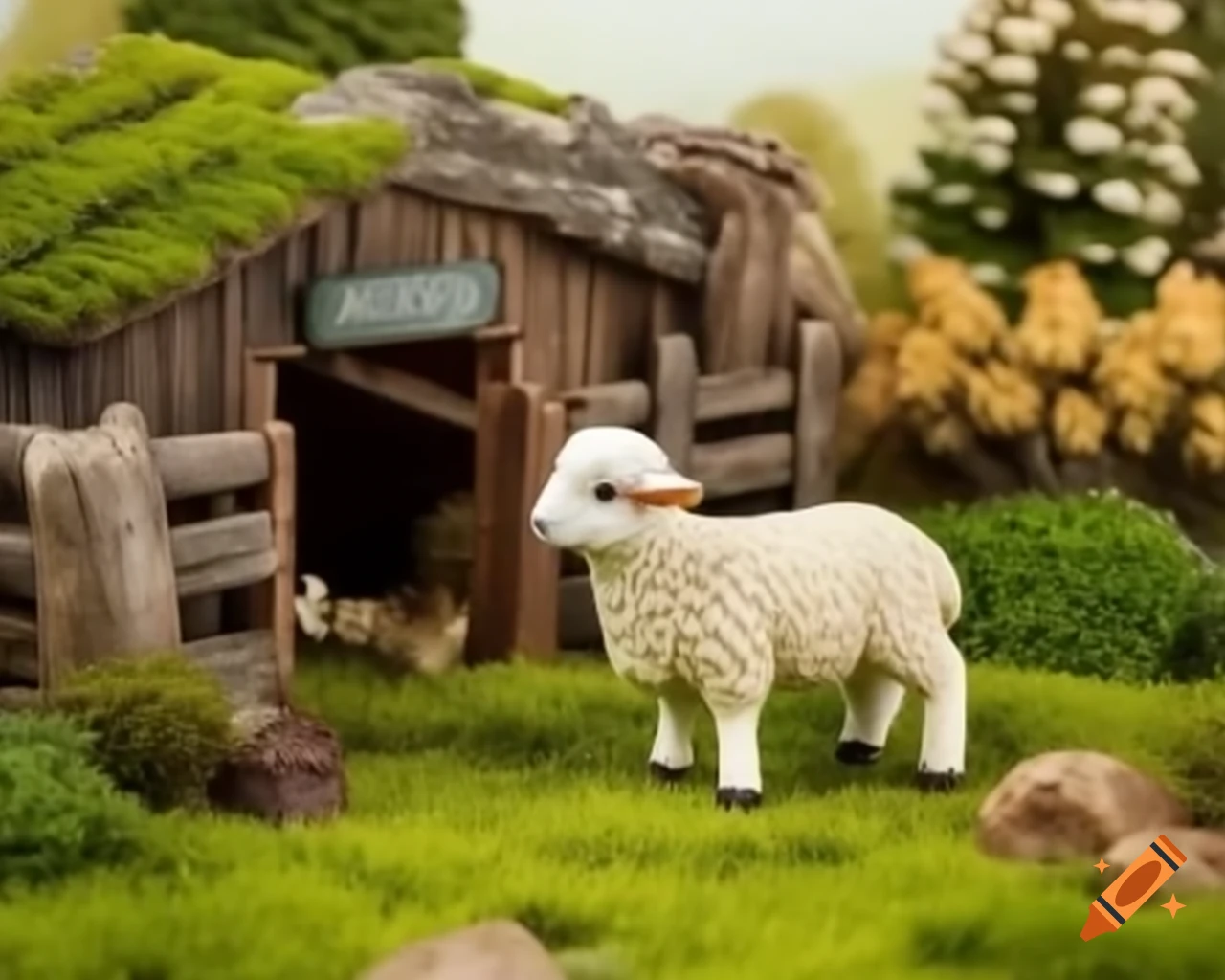 Miniature sheep beside a mini farm and lake with butterflies in diorama