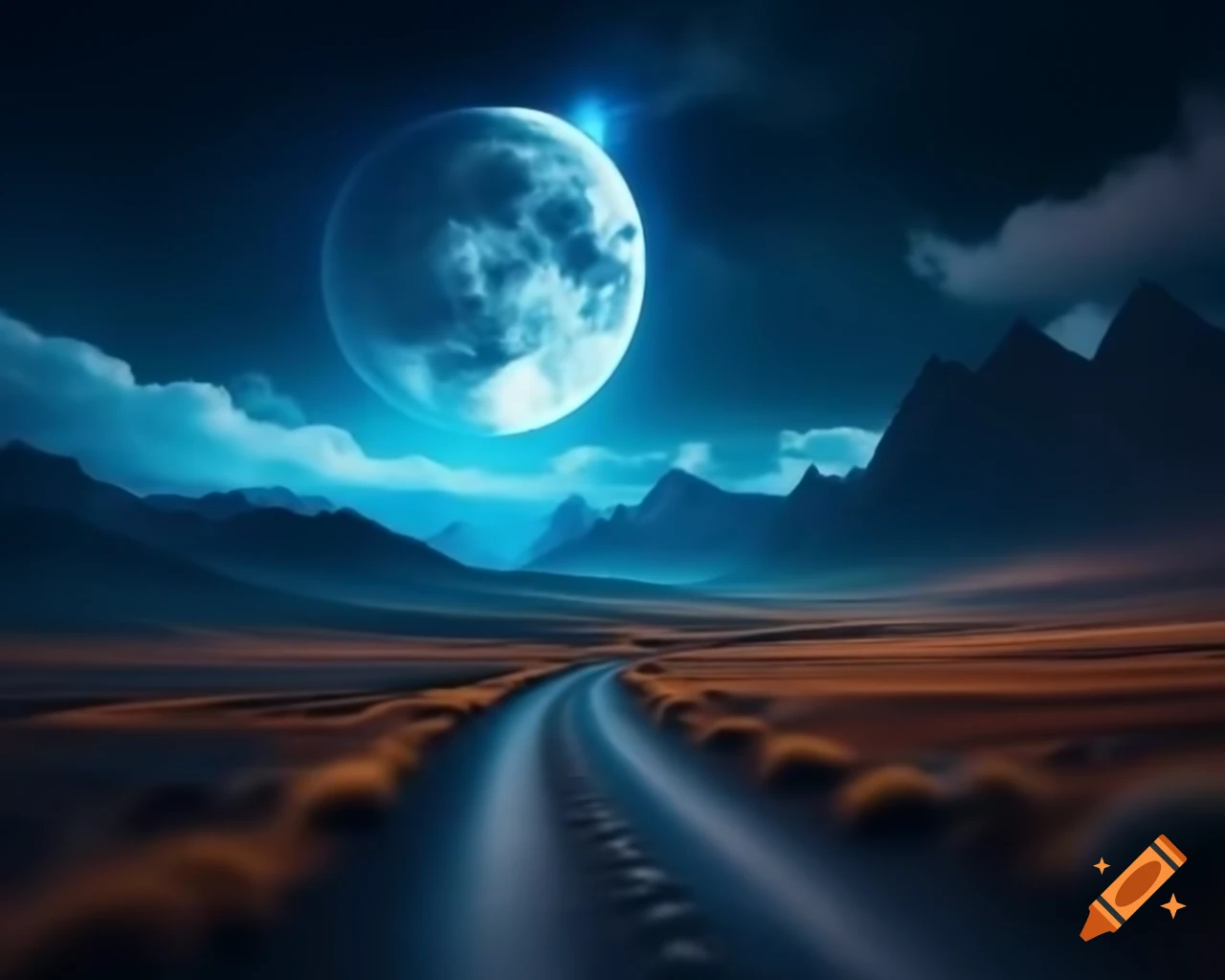 Blue glowing moon over winding gravel road leading to mountains