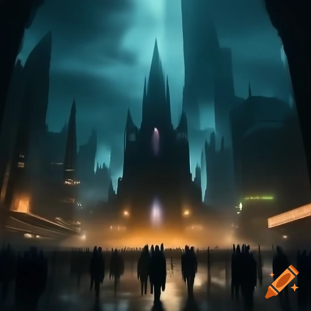 Futuristic cityscape with gothic architectural elements and towering skyscrapers