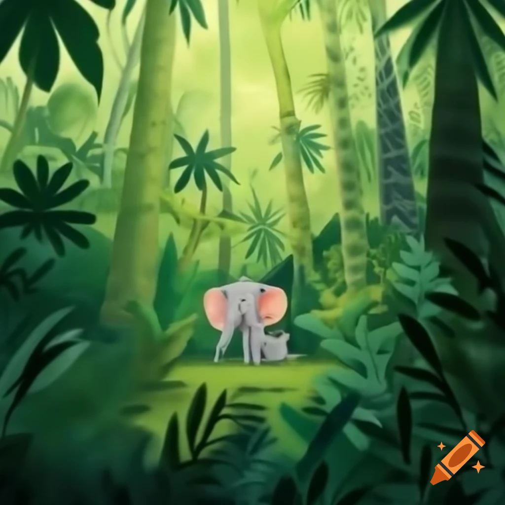 Gentle elephant named Ellie in vast jungle surrounded by trees and plants