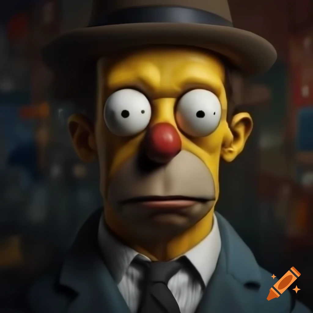 Man resembling Simpsons character in street art style by Banksy, Groening, and Hundertwasser