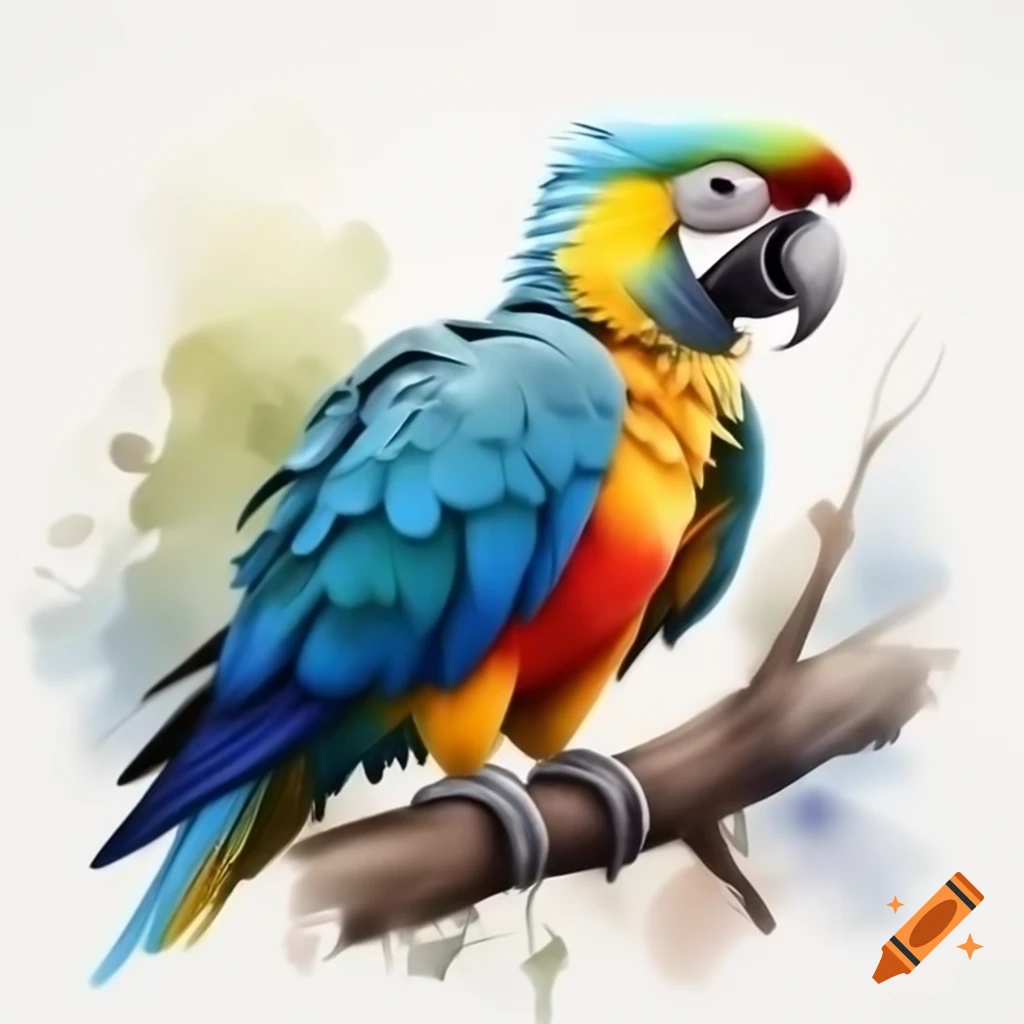 Cartoon-style king parrot in watercolor blue, red, and green on tree branch
