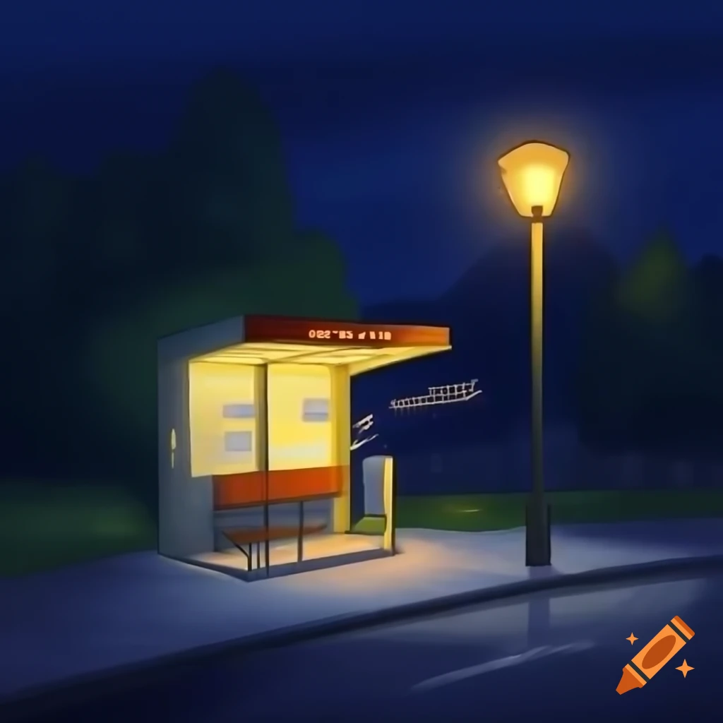 Contour drawing of Ukrainian bus stop illuminated by lantern at night