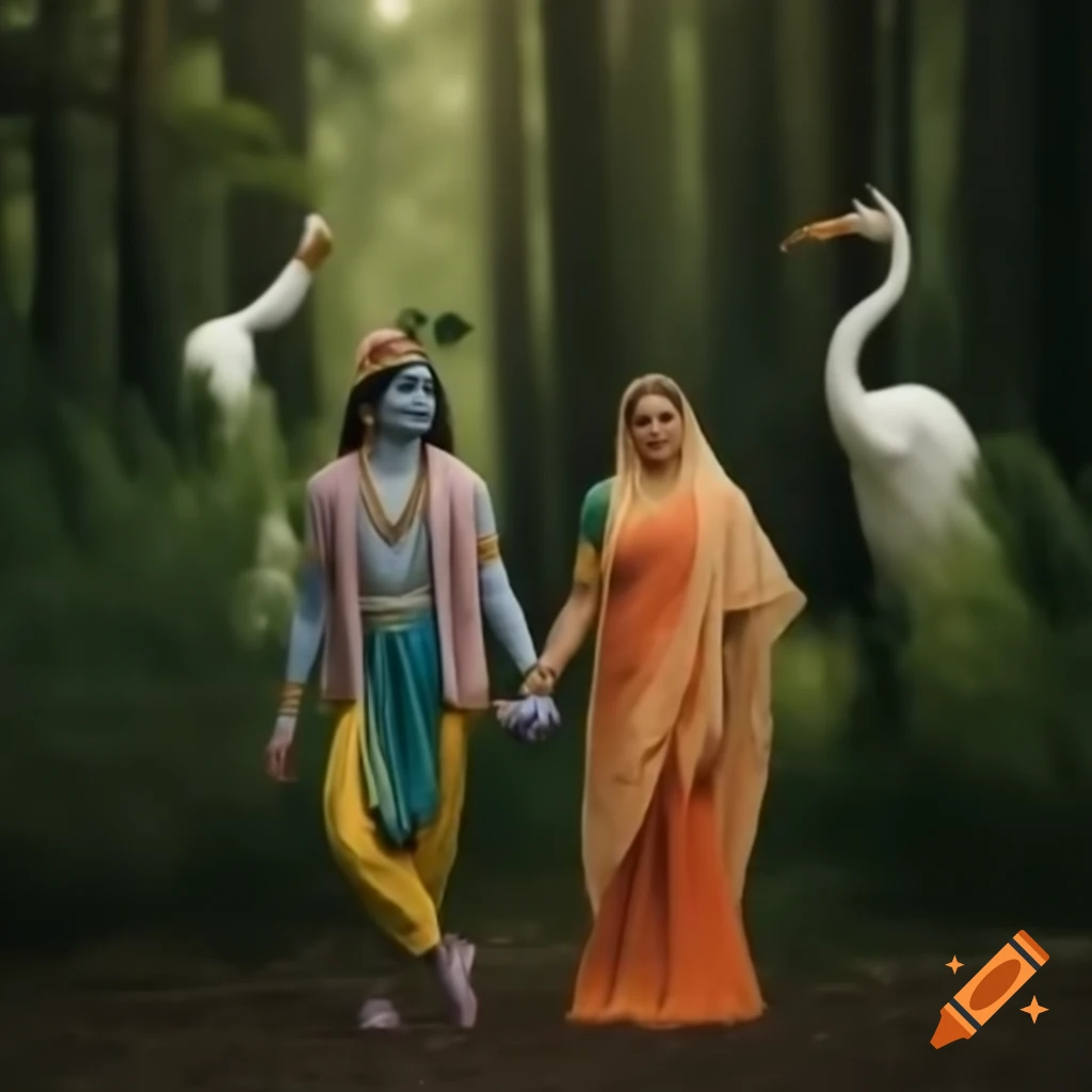 Radhey and Krishna holding hands in a beautiful forest setting