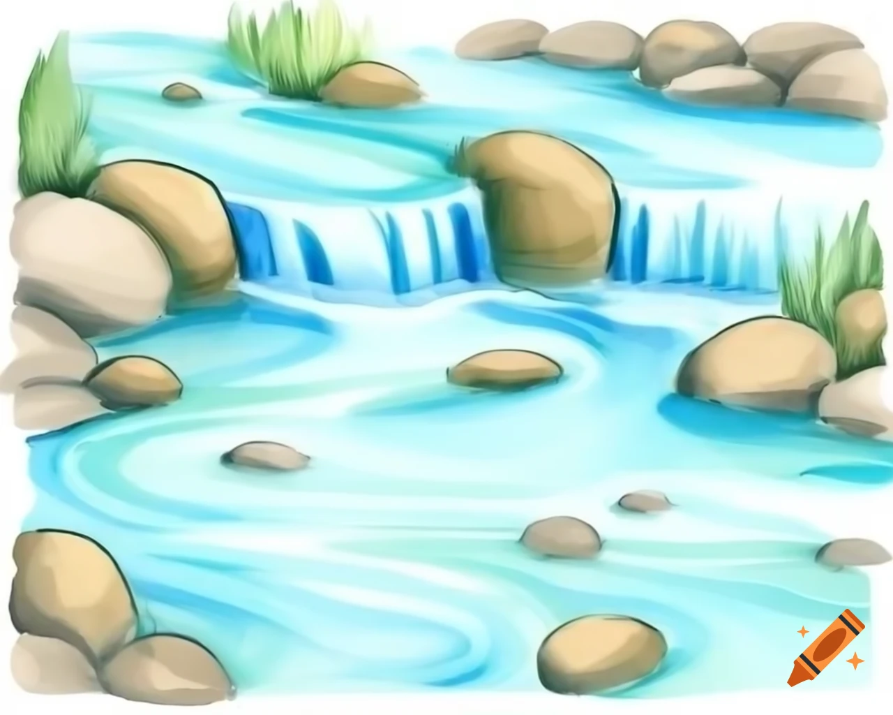 Cartoon style watercolor creek flowing over pebbles in aqua blue and sandstone