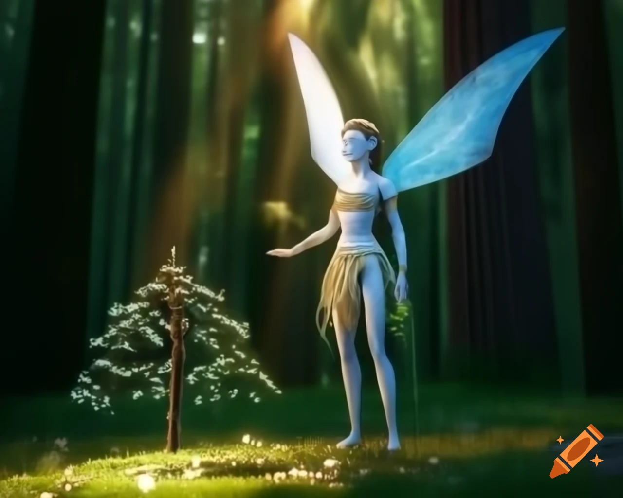 Photorealistic 3D render of a fairy next to a tree in a forest