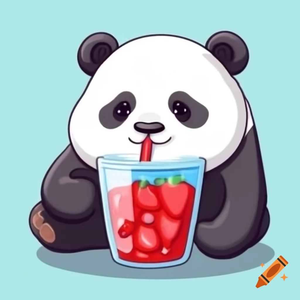 Cartoon panda bear enjoying strawberry drink