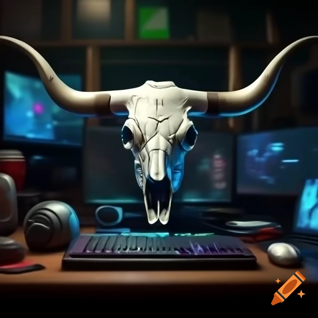 Longhorn skull with computer setup
