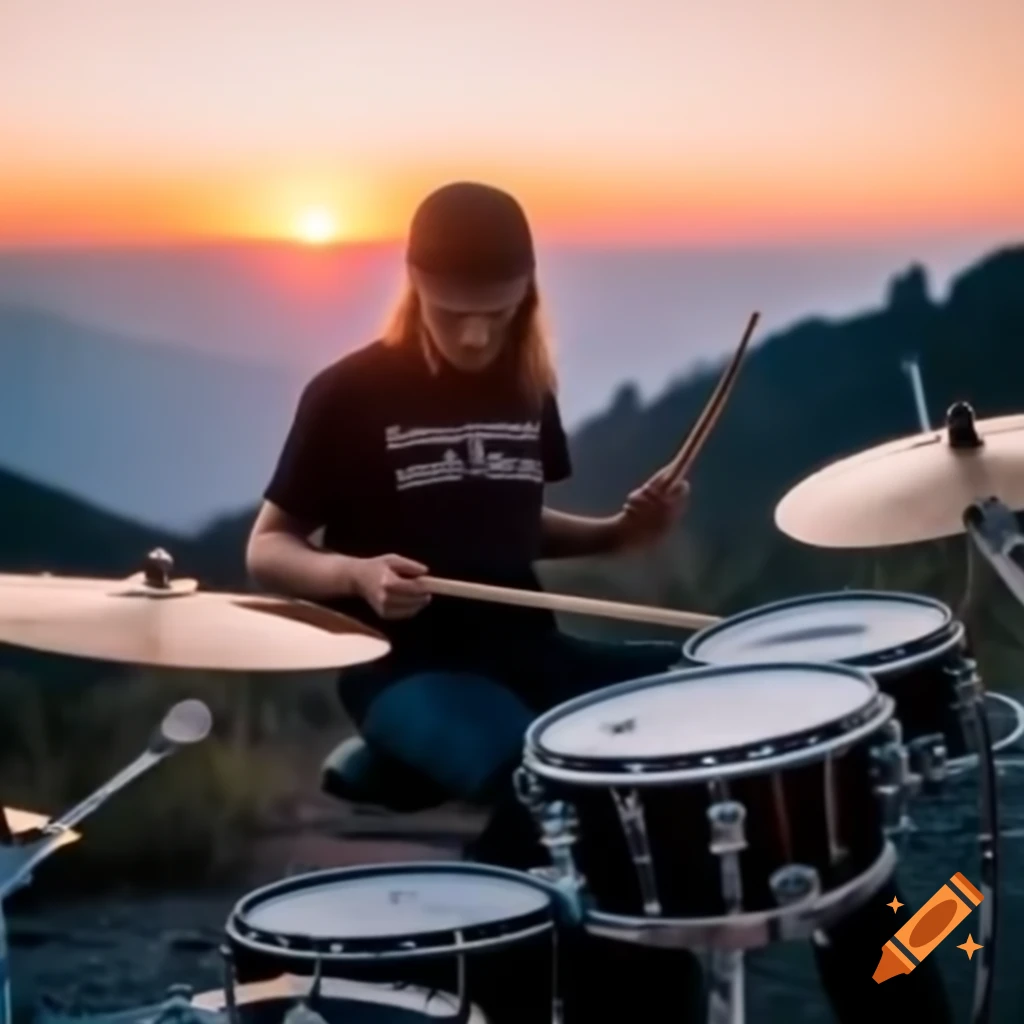 Young person playing drums on a mountain